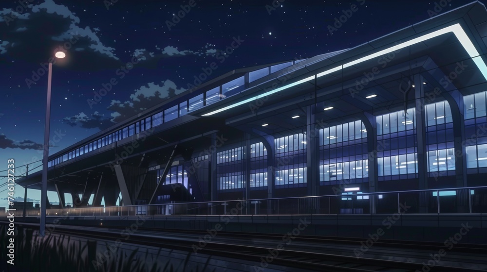 Fototapeta premium Modern Train Station at Midnight - Anime Background