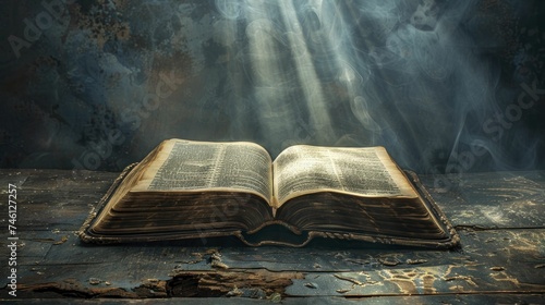 An open book illuminates dark paths, revealing countless realms through its pages. photo