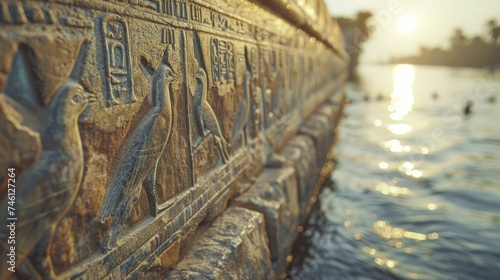 Ancient Egyptian hieroglyphs show the Nile's biodiversity, highlighting river conservation's historical value against a blurred backdrop. photo