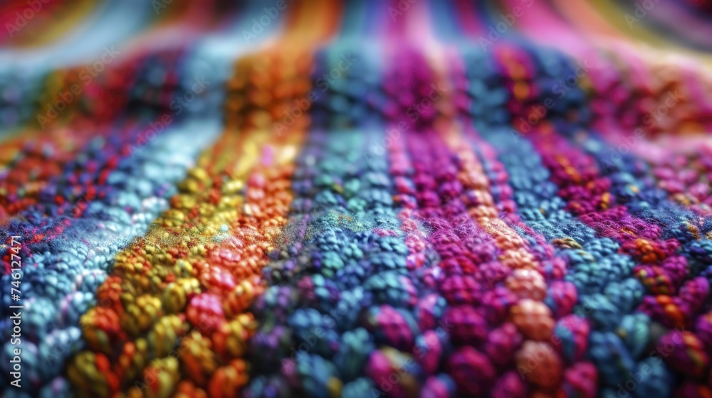 Detailed shot of a vibrant, multicolored knitted fabric, with each stitch clearly visible, providing a visual feast of texture