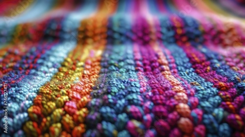 Detailed shot of a vibrant, multicolored knitted fabric, with each stitch clearly visible, providing a visual feast of texture