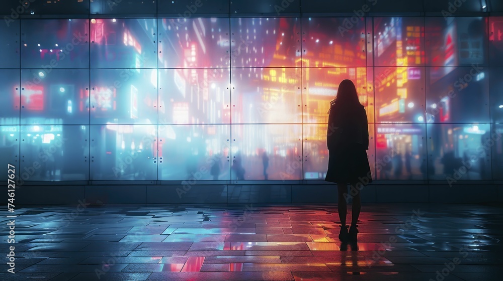 A lone woman is silhouetted against a glowing, futuristic billboard in a metropolis, evoking a sense of cool solitude.