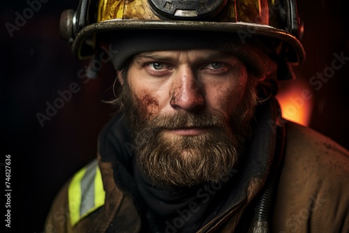Heroic Firefighter portrait. Firemen hero safety. Generate Ai