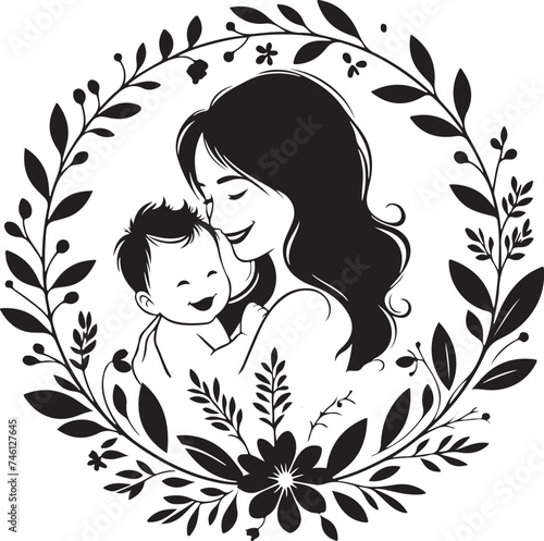 Mother and Baby Smiling Vector art Silhouette style in a floral shape