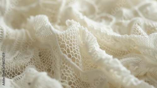 Macro shot of a delicate lace knit pattern in soft white wool, revealing the exquisite craftsmanship and airy texture.