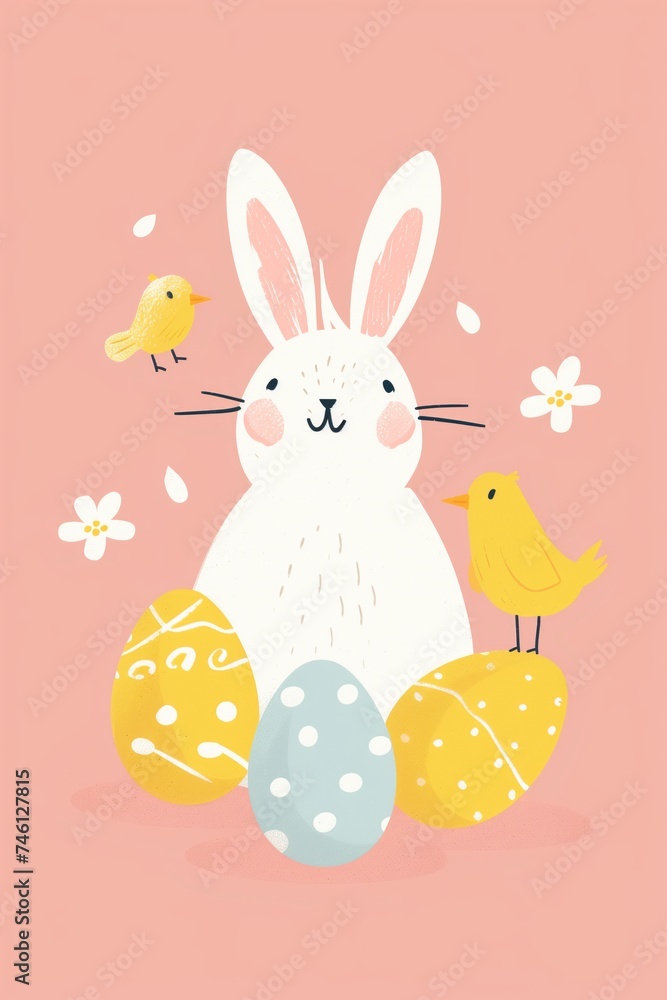 Cheerful Easter illustration featuring a smiling white bunny surrounded by colorful eggs and friendly yellow chicks on a soft pink background. Postcard Adorable cartoon bunny with colorful Easter eggs Cheerful Easter illustration featuring a smiling white bunny surrounded by colorful eggs and friendly yellow chicks on a soft pink background. Postcard Adorable cartoon bunny with colorful Easter eggs