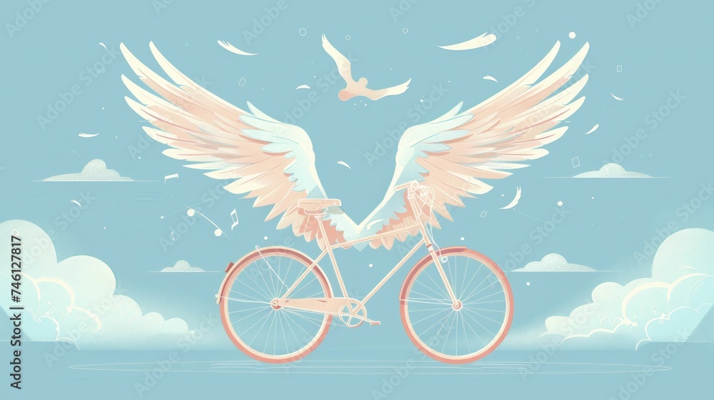 Fototapeta premium Bicycle with wings in pastel, evokes freedom, mobility, empowerment journey in retro design.