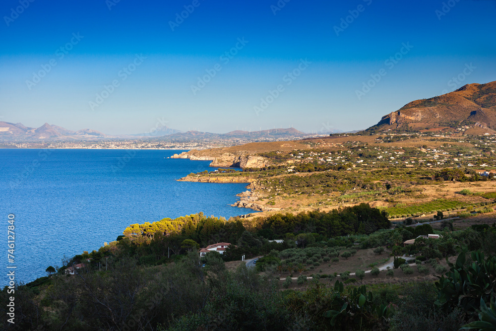 Paradise sea panorama from coastline trail of Scopello, Italy