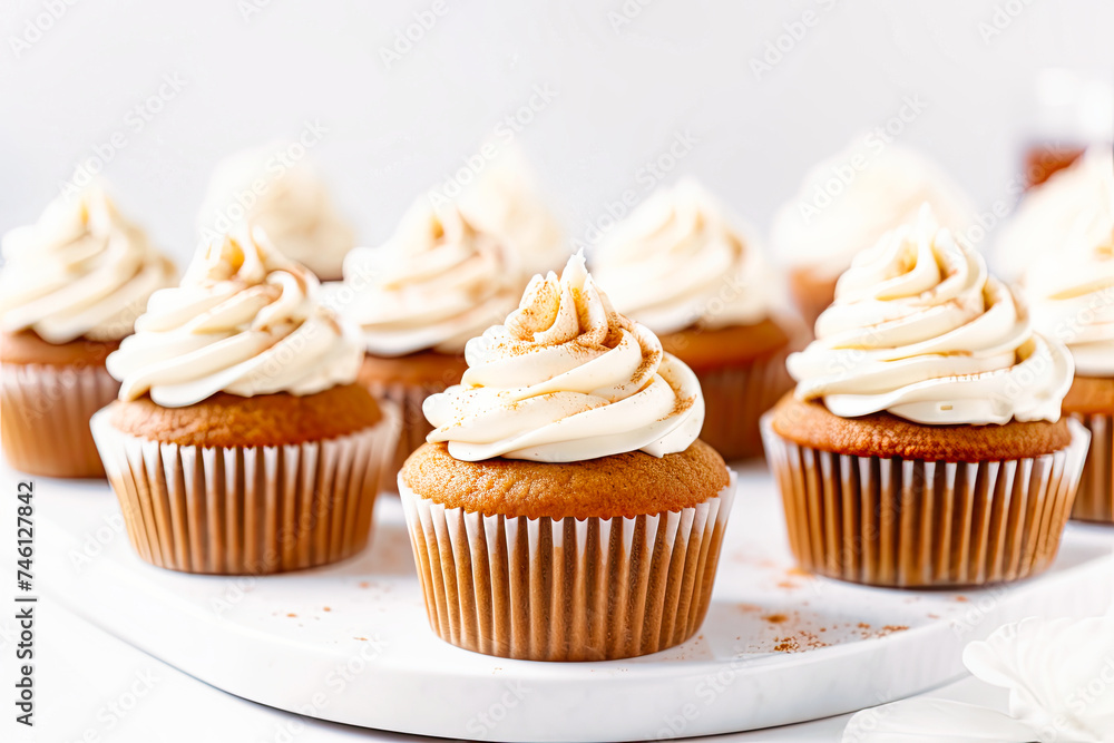 Pumpkin cupcakes on a white table topped with cream