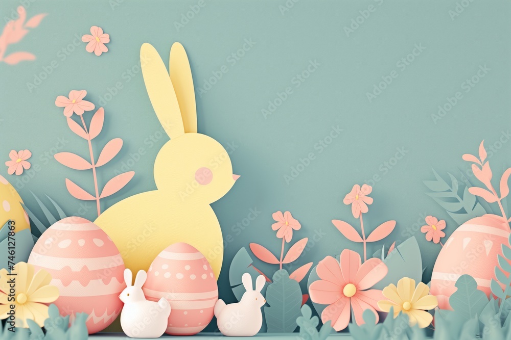 Paper cutout of a yellow bunny with pastel Easter eggs and flowers on a teal background. Pastel Easter Bunny and Floral Paper Art. Copy space