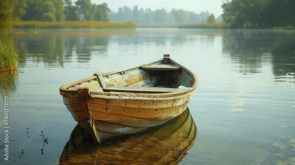 An old rowboat on a serene lake suggests a serene, eco-friendly lifestyle with softly blurred waters in the background.