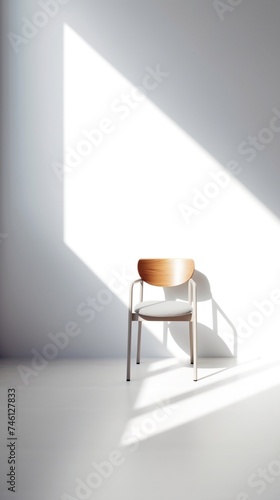 White room with wooden chair illuminated by sunlight 