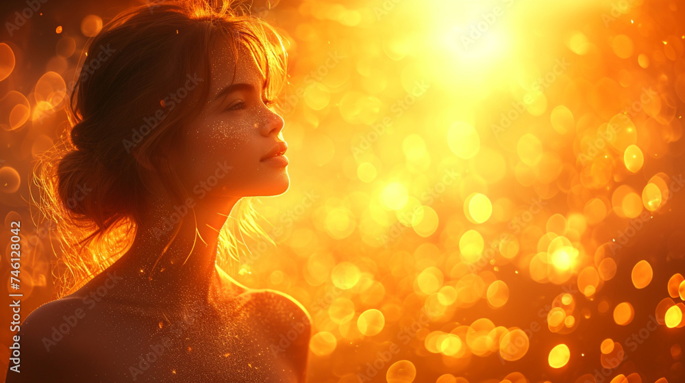 Golden Shades: Asian Woman in a Luxury Setting with Glitter Background for High Class Advertising. Golden Shades: Asian Woman in a Luxury Setting with Glitter Background for High Class Advertising.