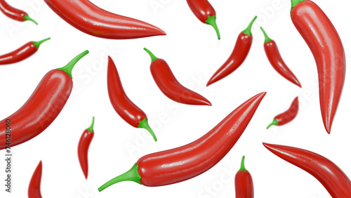 Falling red chili peppers. Isolated hot peppers on white background. 3D rendering.