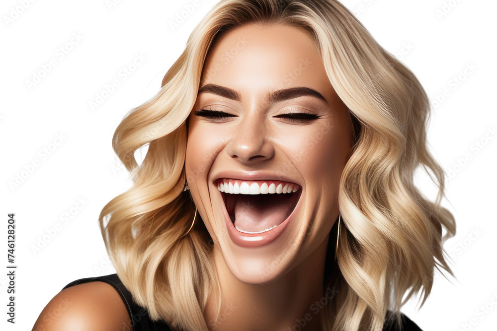 A high quality stock photograph of a happy young blond trendy woman laughs and screams with joy isolated on white or transparant background A high quality stock photograph of a happy young blond trendy woman laughs and screams with joy isolated on white or transparant background