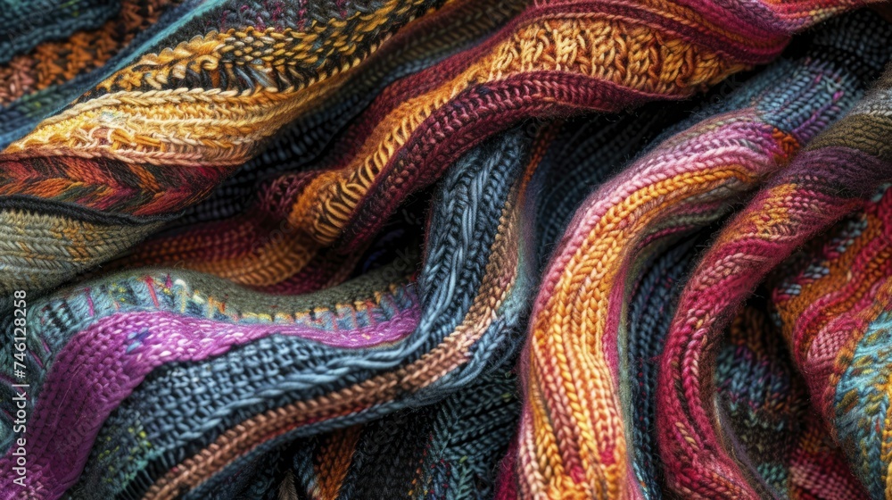 Top view of a knitted wool blend shawl, showcasing variegated yarns in a harmonious blend of colors and textures. Top view of a knitted wool blend shawl, showcasing variegated yarns in a harmonious blend of colors and textures.