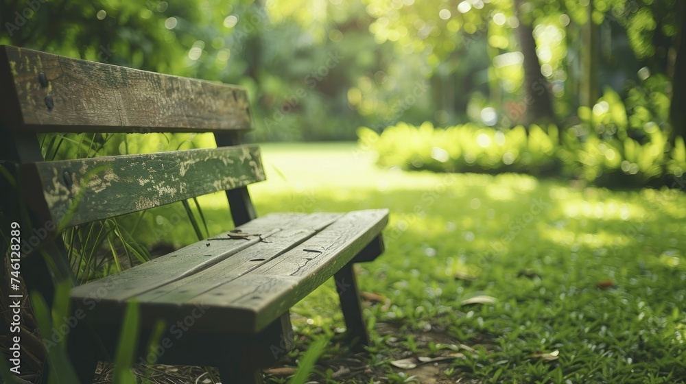 Weathered old wooden bench in a tranquil park, inviting contemplation on conservation, surrounded by a soft, green blur. Weathered old wooden bench in a tranquil park, inviting contemplation on conservation, surrounded by a soft, green blur.