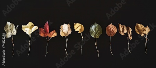 A striking composition featuring a row of differently colored leaves, withering against a black background.