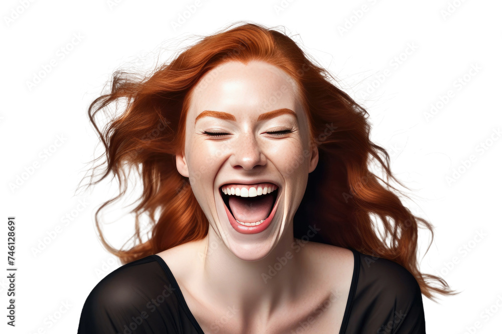 A high quality stock photograph of a happy young ginger woman laughs and screams with joy isolated on white or transparant background