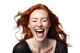 A high quality stock photograph of a happy young ginger woman laughs and screams with joy isolated on white or transparant background