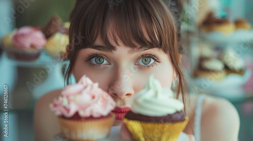 A beautiful woman looks at sweet cupcakes with appetite. photo