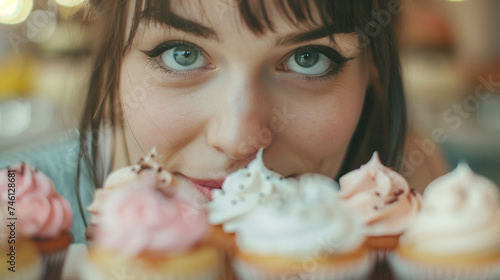 A beautiful woman looks at sweet cupcakes with appetite.