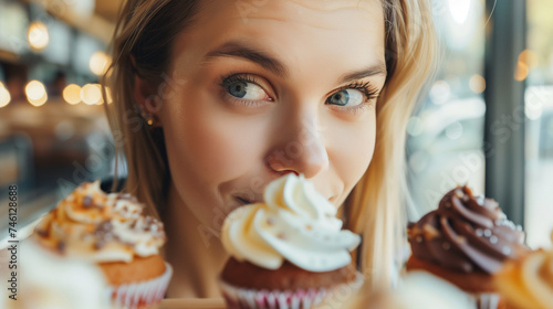 A beautiful woman looks at sweet cupcakes with appetite.