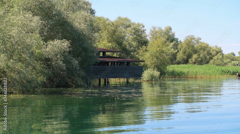 Lac du Der, en Champagne Ardenne, dans la région Grand Est, observatoire ornithologique de Chantecoq dissimulé derrière le feuillage des arbres, au bord de l'eau, en été (France)