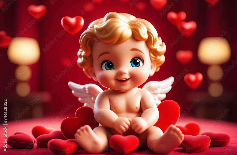 cute cartoon style cupid boy with lots of hearts, valentines greeting card cute cartoon style cupid boy with lots of hearts, valentines greeting card