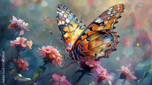 Watercolor butterfly perched on a freshly bloomed flower