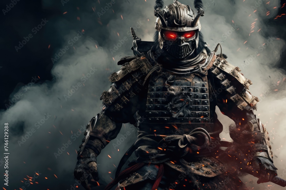 Samurai Fury: The midst of battle, a badass samurai dons full body armor, fierce and fearless, attacking with a katana amidst swirling smoke and intense flames, embodying the spirit of ancient Japan Samurai Fury: The midst of battle, a badass samurai dons full body armor, fierce and fearless, attacking with a katana amidst swirling smoke and intense flames, embodying the spirit of ancient Japan