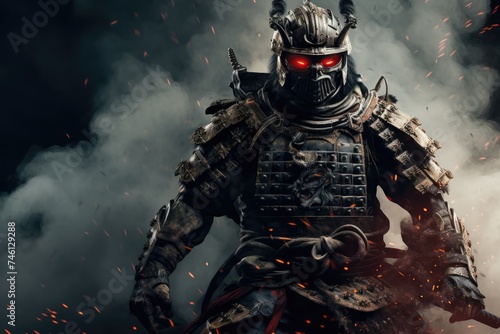Samurai Fury: The midst of battle, a badass samurai dons full body armor, fierce and fearless, attacking with a katana amidst swirling smoke and intense flames, embodying the spirit of ancient Japan