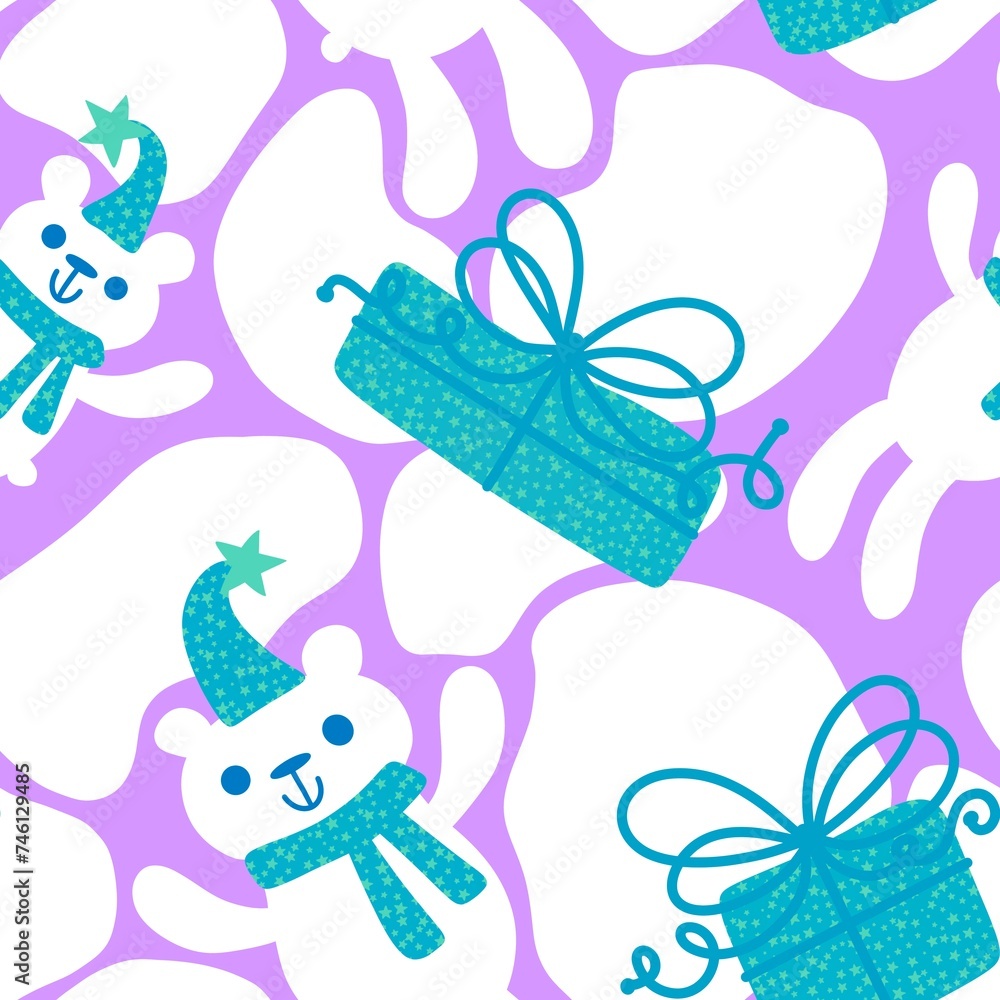 Fototapeta premium Christmas animals seamless polar white bears and ice pattern for wrapping paper and kids print and new year accessories