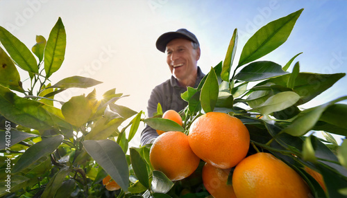 Harvesting organic citrus fruit. Farmer picking oranges or tangerines