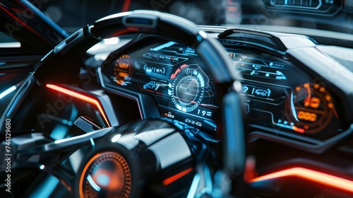 The empty cockpit of a vehicle equipped with a Head-Up Display (HUD) and digital speedometer, representing an autonomous, driverless, self-driving vehicle © Orxan