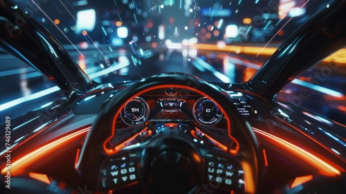 The empty cockpit of a vehicle equipped with a Head-Up Display (HUD) and digital speedometer, representing an autonomous, driverless, self-driving vehicle photo