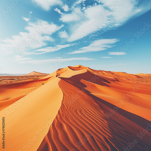Sweeping Dunes Under Blue Sky in the Sahara Desert