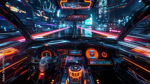 A futuristic car cockpit designed for autonomous vehicles, featuring a Head-Up Display (HUD), Graphical User Interface (GUI), and integration with the Internet of Things (IoT) © Orxan