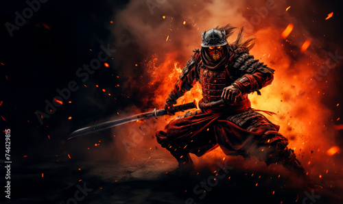 Samurai Fury: The midst of battle, a badass samurai dons full body armor, fierce and fearless, attacking with a katana amidst swirling smoke and intense flames, embodying the spirit of ancient Japan © Mr. Bolota