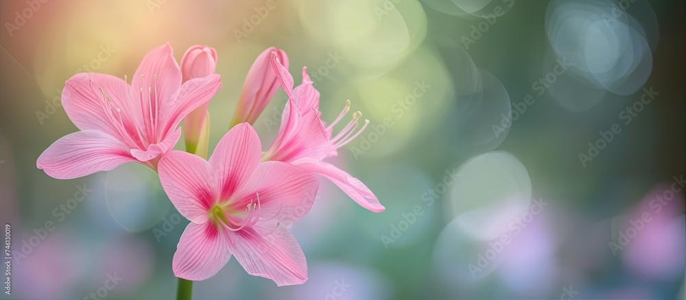 A close-up photograph showcasing the beauty of a pink flower, known as fairy lily or rainflower, with a blurred background.