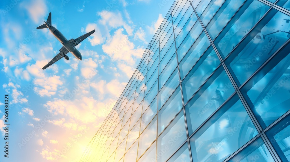An aircraft soaring against a blue sky backdrop, framed by a glass curtain wall - obrazy, fototapety, plakaty 
