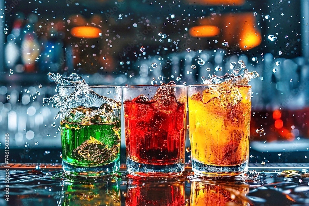 Three colorful cocktails with ice cubes and splashes on the bar counter Three colorful cocktails with ice cubes and splashes on the bar counter