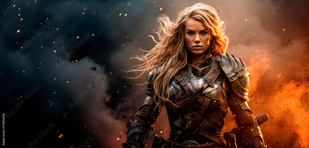 Nordic Fury: A Badass Viking Warrior Woman, Clad in Full Body Armor, Channels Fearlessness and Aggression in Her Battle Stance, Ready to Conquer and Defend. Copy Space.