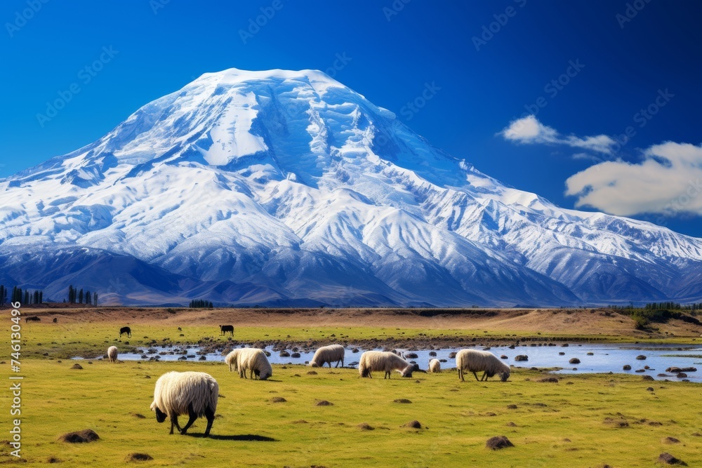 chimborazo mountain landscape with snow covered peak on sunny day with sheep on foreground