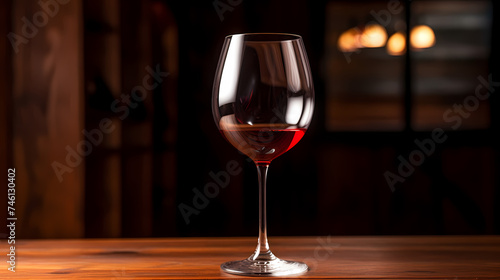 Close-up of a glass of red wine on a wooden table with blurred background