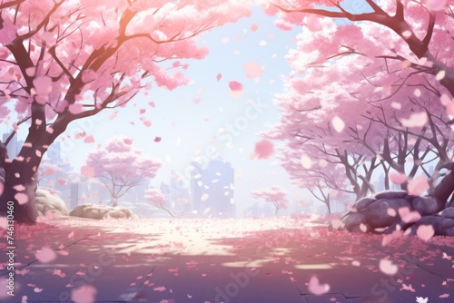 cherry blossom petals falling from trees alley in bloom. Spring background. 