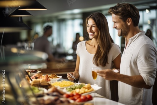 couple at breakfast buffet in hotel choosing food at hotel during vacation or honeymoon