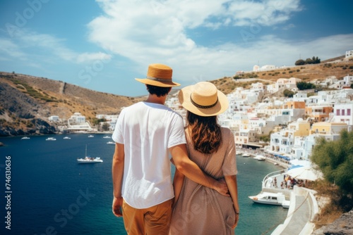 couple from behind traveling in Greece. Honeymoon on greek islands romantic honeymoon vacation.