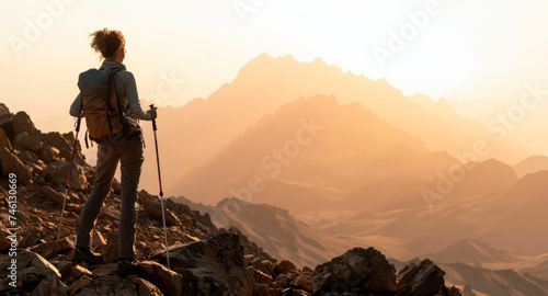 Atlas Sunset Trek: A gorgeous woman with trekking poles gazes at the majestic Toubkal Peak during a breathtaking mountain sunset in the Atlas Mountains of North Africa.   © Mr. Bolota