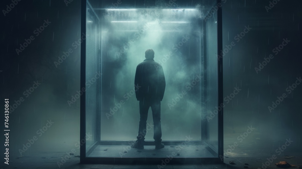 Depressed guy standing near misted glass, looking sad and devastated. Depression, anxiety and anti depressants concept. Selective serotonin reuptake inhibitor medication.
